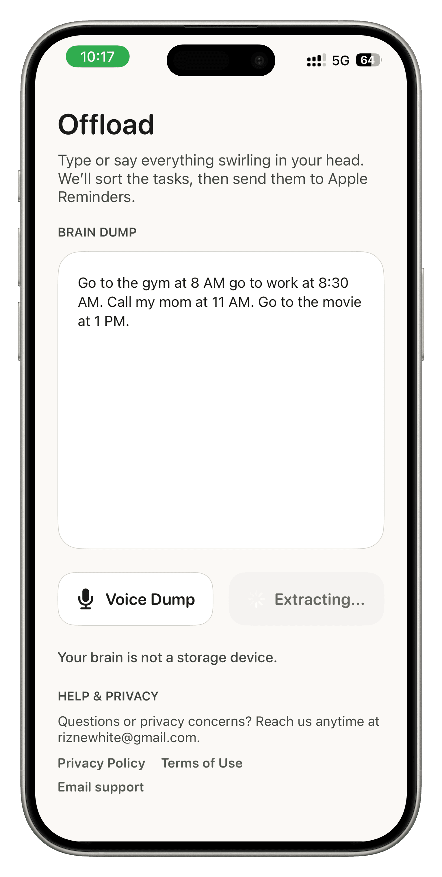 Offload brain dump input screen