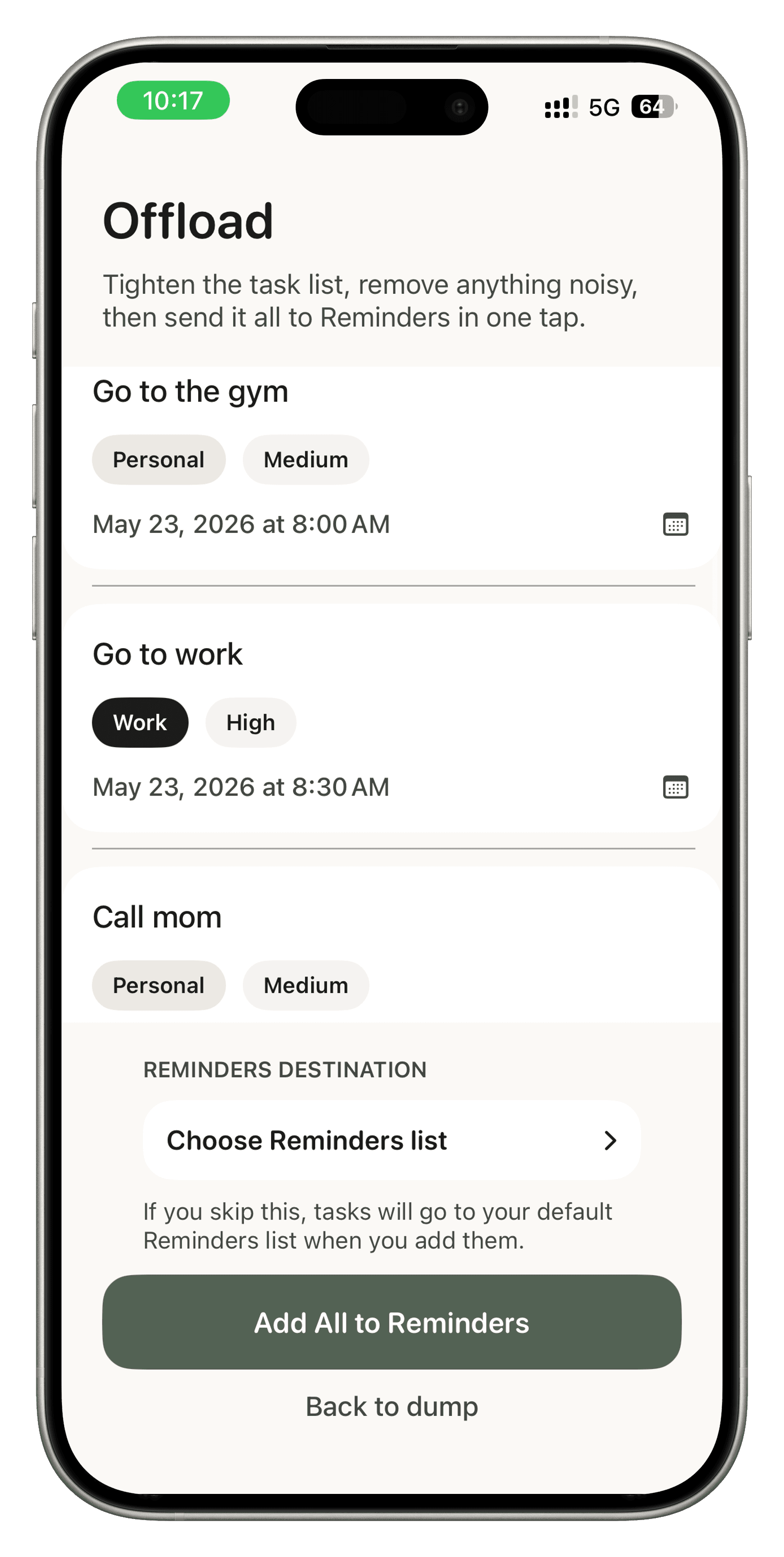 Offload task review screen